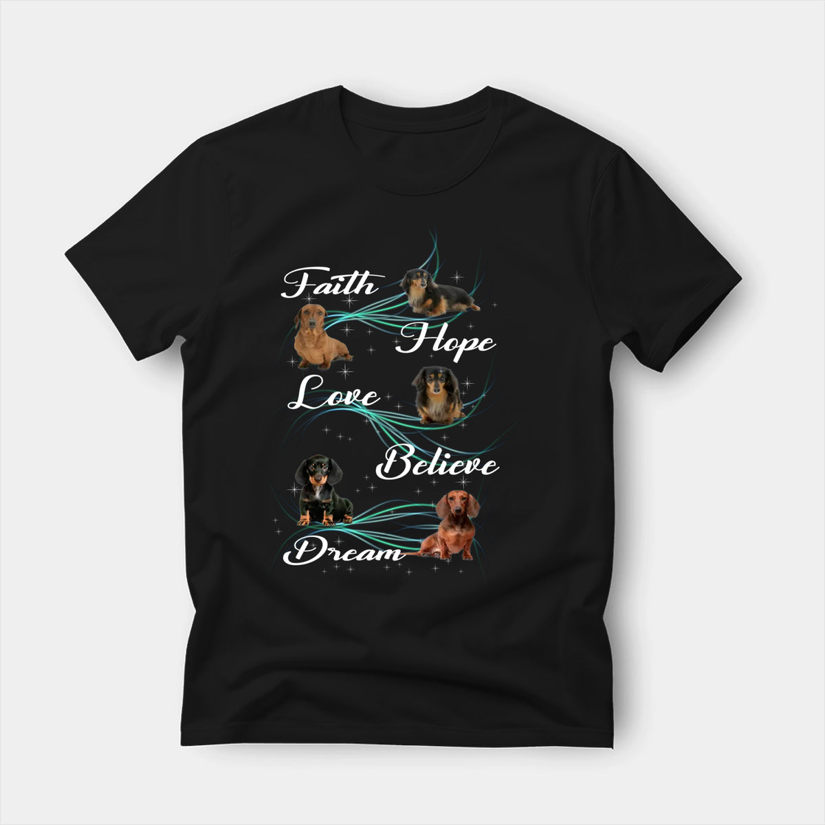 Black t-shirt printed with a Faith Hope Love Believe Dream with the words Faith, Hope, Love, Believe and Dream in glowing script on a sparkling blue background