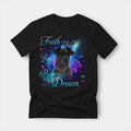Black t-shirt printed with a Schnauzer with the words Faith, Hope, Love, Believe and Dream in glowing script on a sparkling blue background