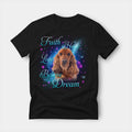 Black t-shirt printed with a Cocker Spaniel with the words Faith, Hope, Love, Believe and Dream in glowing script on a sparkling blue background